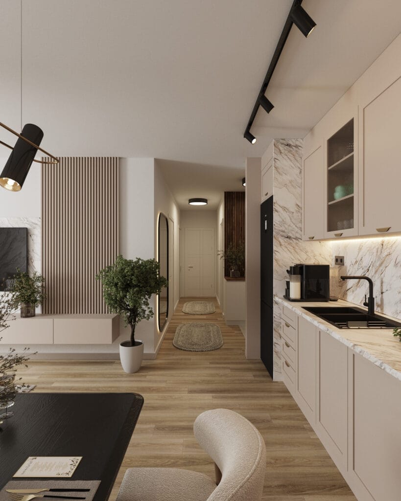 Modern kitchen connected to a hallway with custom cabinetry, marble surfaces and wood details