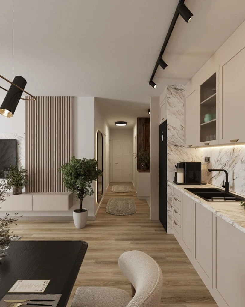 Modern kitchen connected to a hallway with custom cabinetry, marble surfaces and wood details