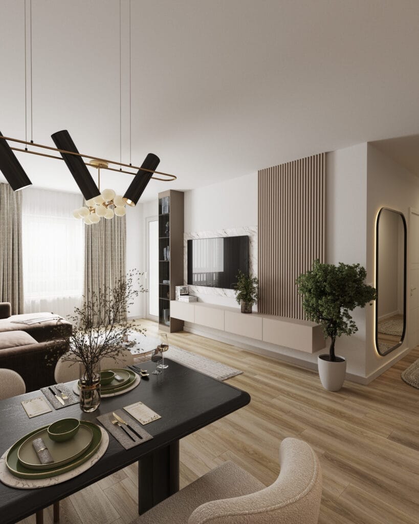 Modern dining area overlooking a custom TV wall with marble, wood slats and integrated storage