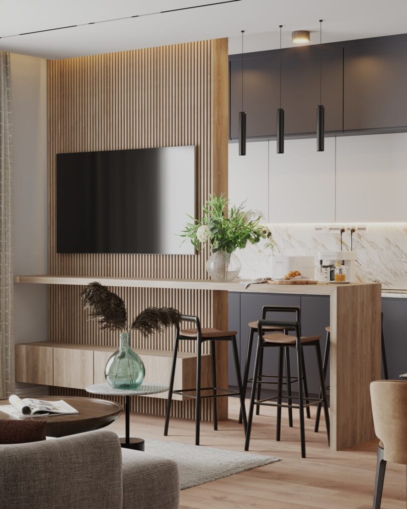 Custom slatted TV wall and modern kitchen cabinetry in an open-plan interior visualization