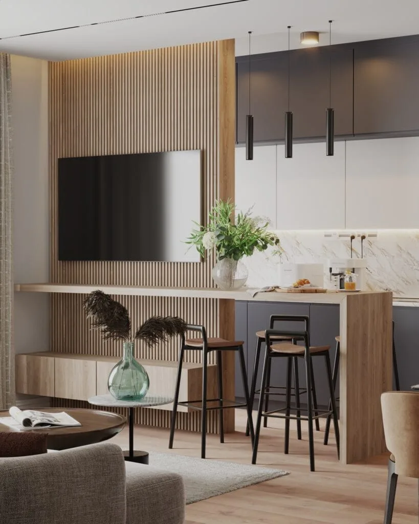Custom slatted TV wall and modern kitchen cabinetry in an open-plan interior visualization