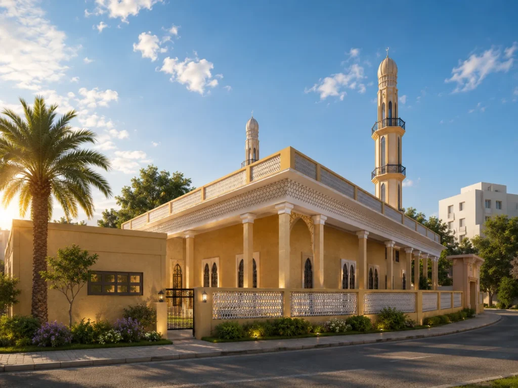 Evening exterior visualization of a mosque with illuminated architectural details