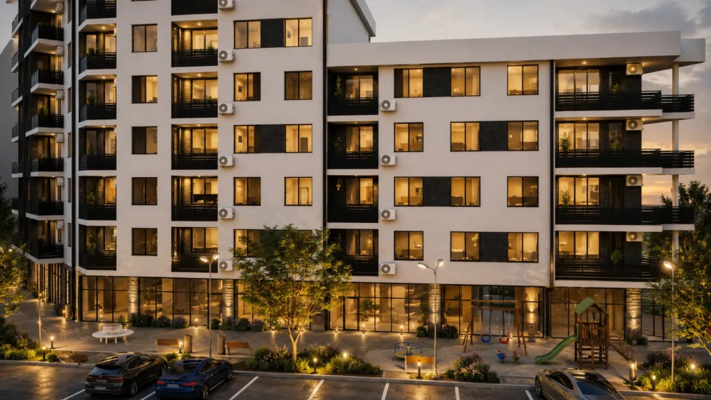 Exterior 3D visualization highlighting the facade and commercial ground floor