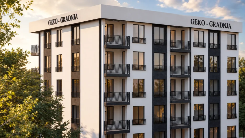 Photorealistic exterior CGI of a contemporary residential building with balconies