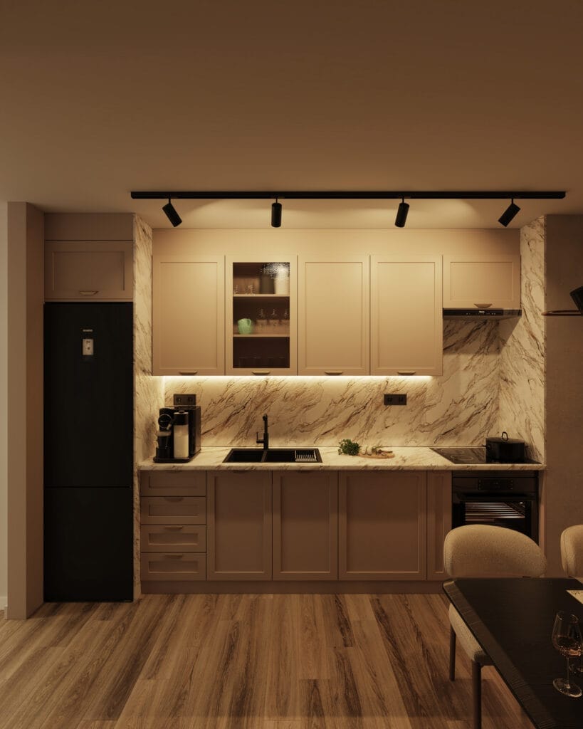 Photorealistic beige kitchen interior with warm evening lighting and marble work surfaces