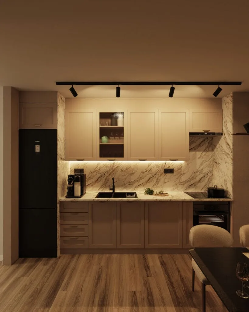 Photorealistic beige kitchen interior with warm evening lighting and marble work surfaces