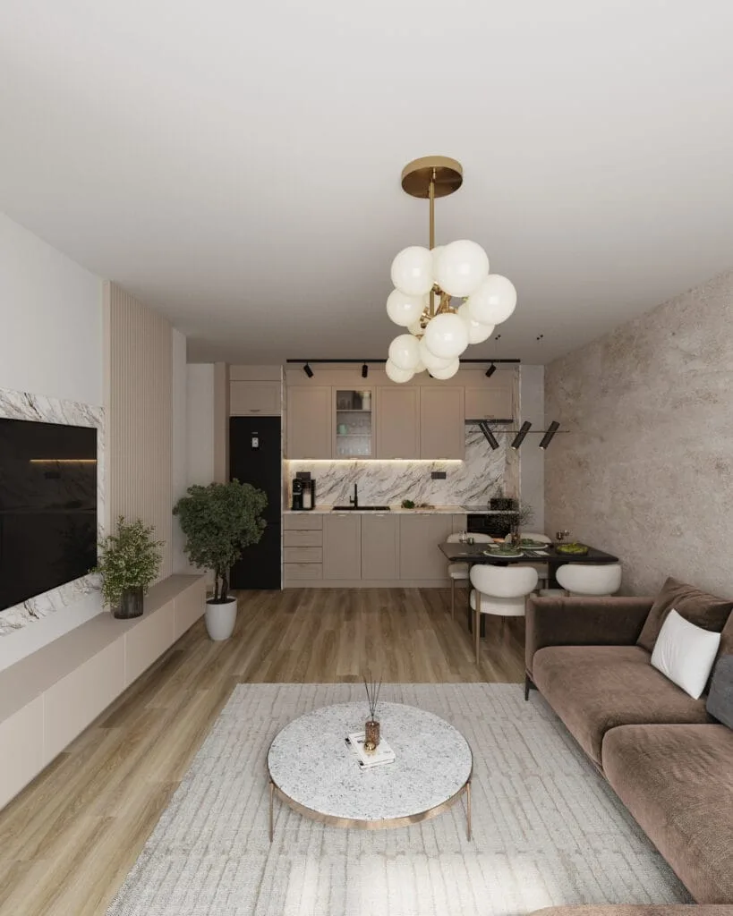 Photorealistic open-plan living room, dining area and compact kitchen in warm neutral tones