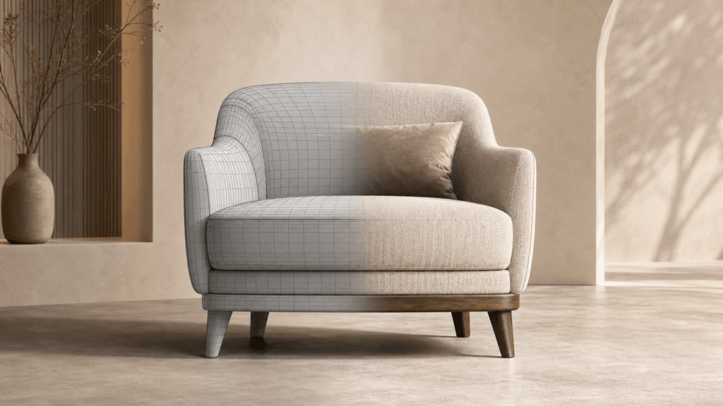 Furniture model transitioning from wireframe to photorealistic 3D visualization