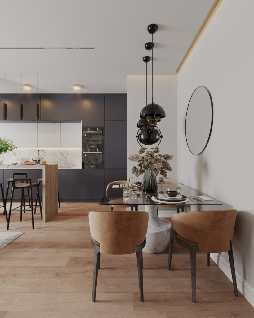 Modern dining area with black pendant lights and an open-plan kitchen interior