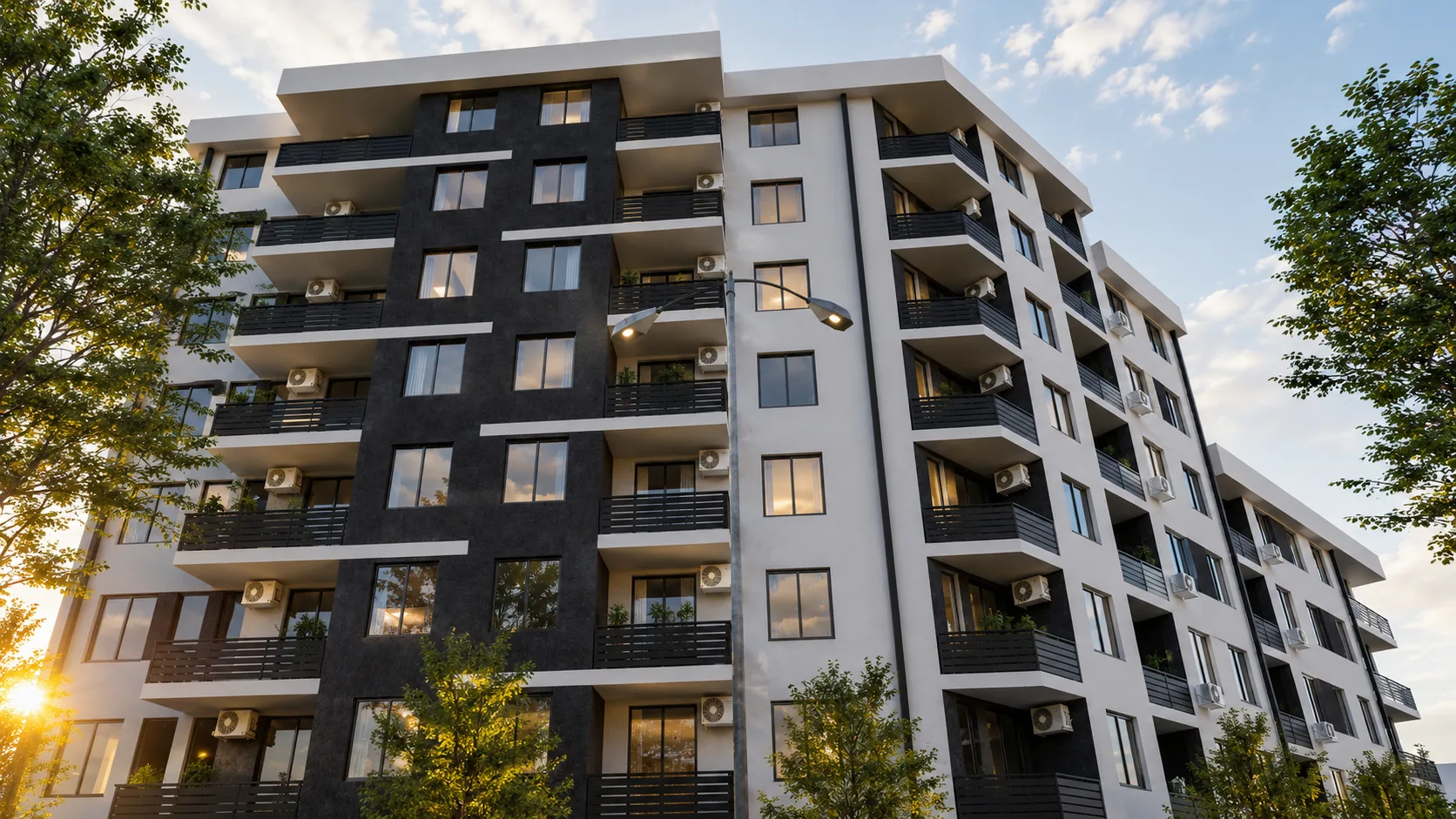 Photorealistic real estate 3D visualization of a modern residential and commercial building