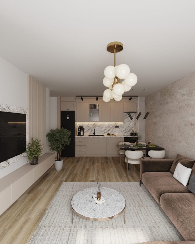 Open-plan living room and kitchen interior design