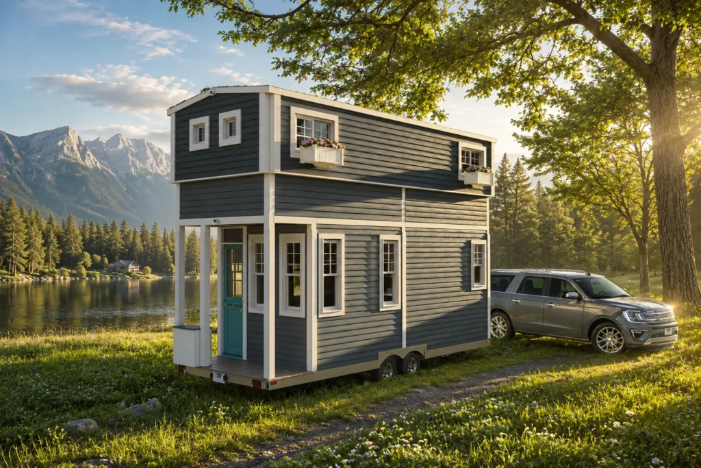 Photorealistic exterior visualization of a compact modern tiny mobile house