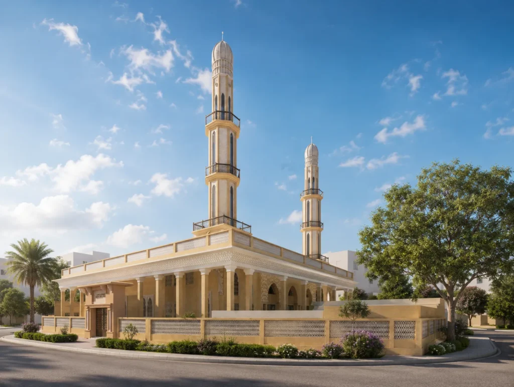 Photorealistic exterior visualization of a contemporary mosque in Kuwait