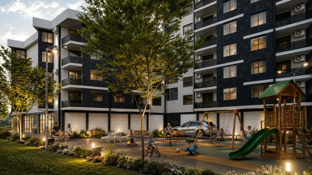 Photorealistic exterior visualization of a mixed-use residential and commercial building