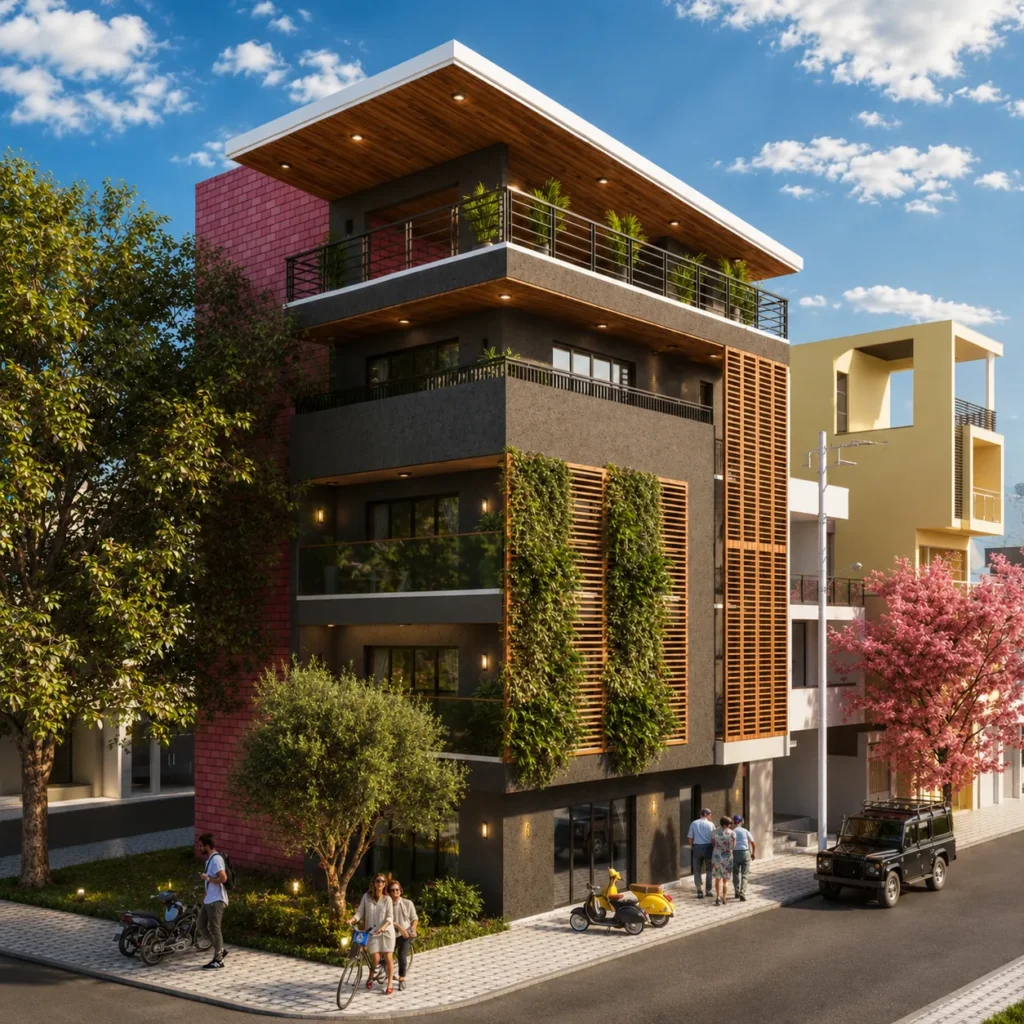 Photorealistic exterior visualization of a small modern apartment building