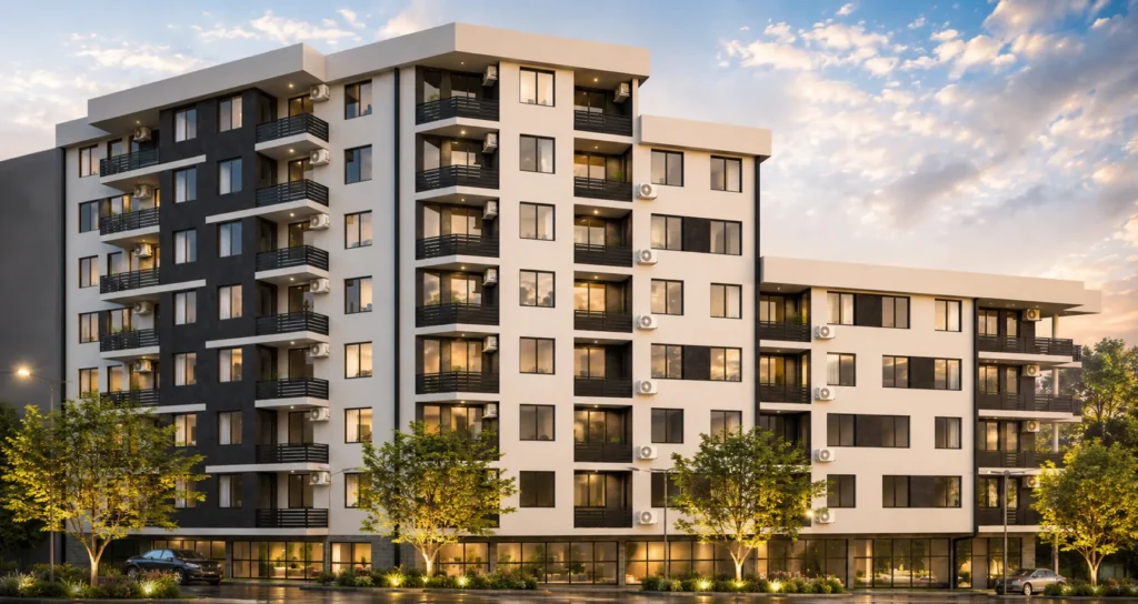 Photorealistic front exterior visualization of a modern residential and commercial building