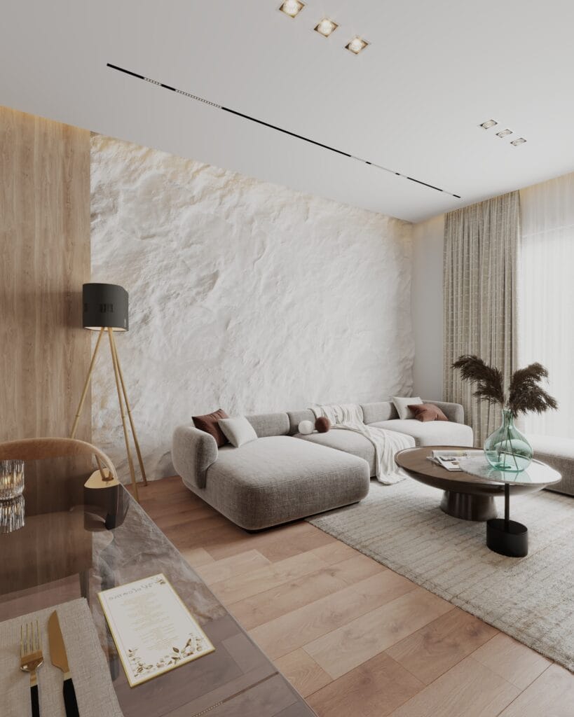 Photorealistic modern living room with a textured feature wall, sectional sofa and warm wood flooring