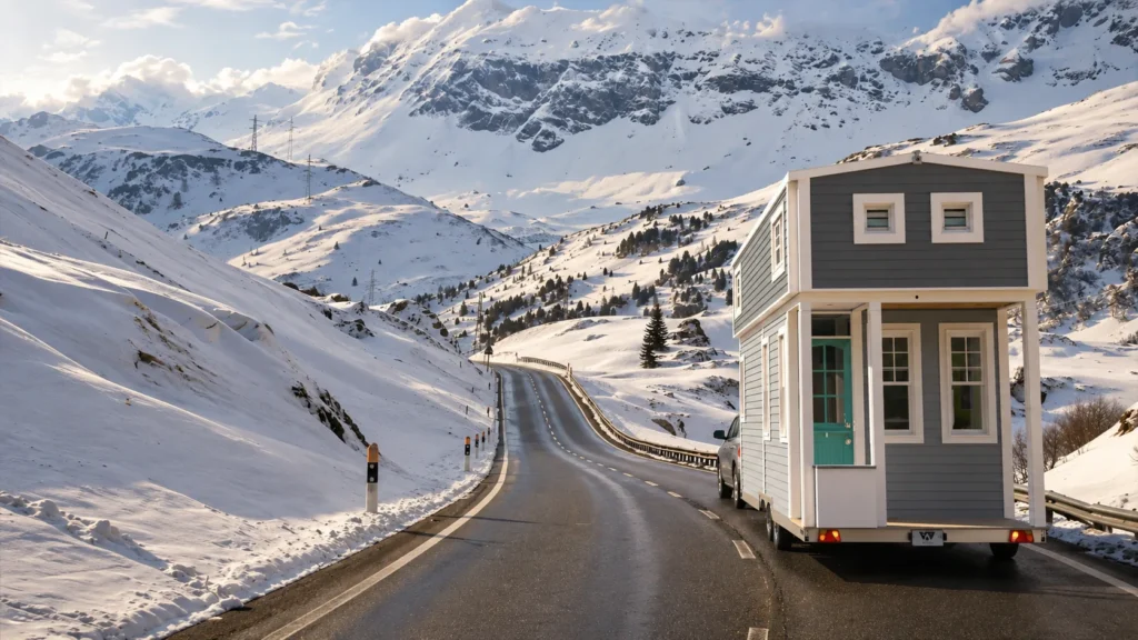 Real estate exterior render of a compact prefabricated mobile house