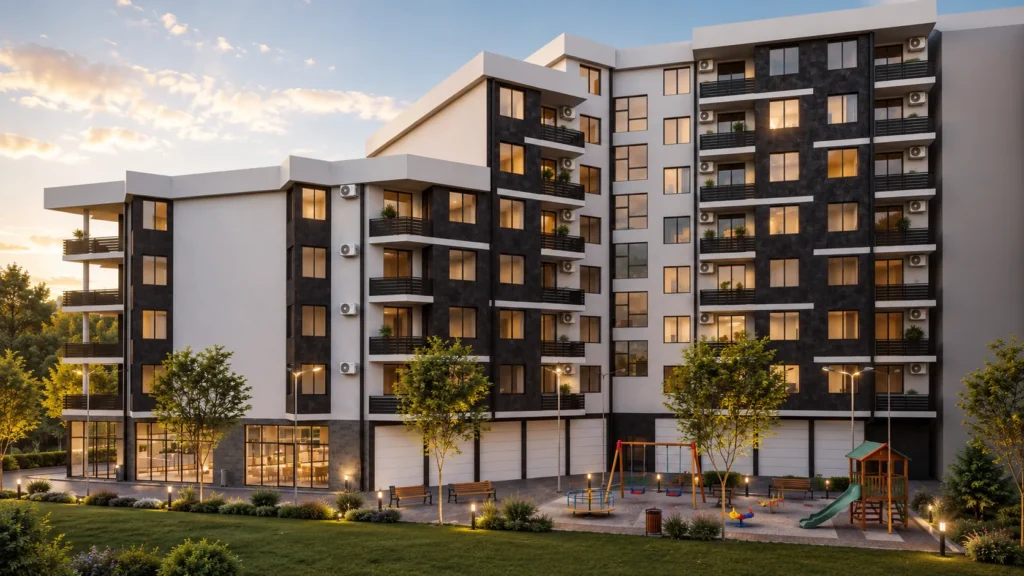 Real estate marketing render of a contemporary mixed-use property