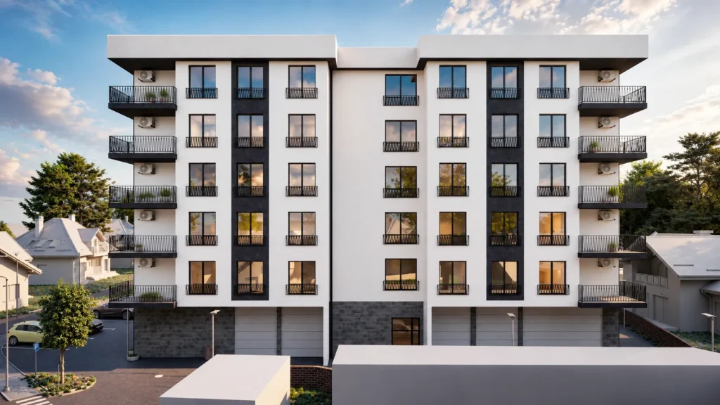 Rear elevation visualization of a modern residential building with balconies and landscaped parking