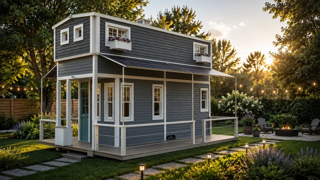 Side perspective rendering of a modern mobile tiny home