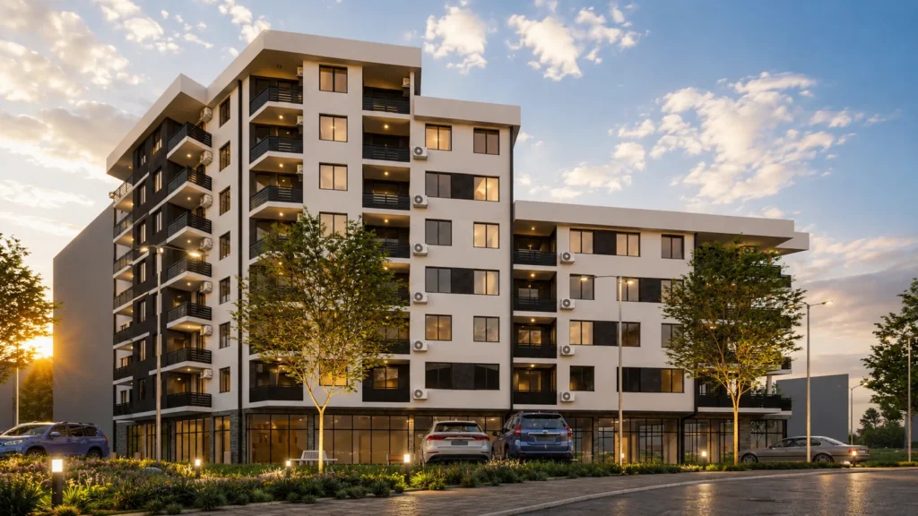 Street-level architectural CGI of a mixed-use apartment and retail development