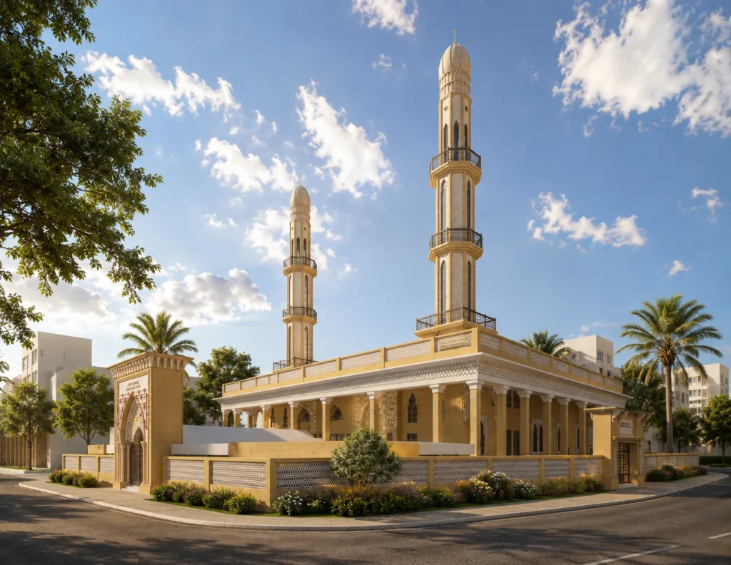 Wide-angle 3D visualization of a contemporary mosque complex in Kuwait