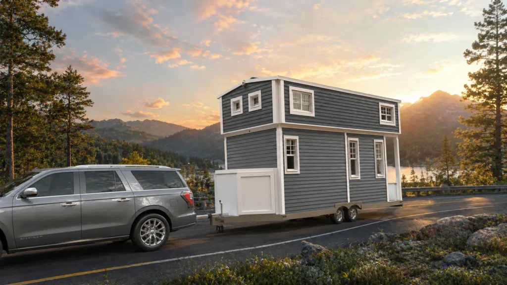 Wide exterior view of a contemporary tiny mobile home