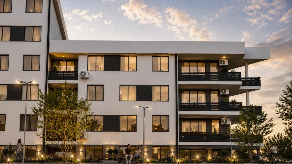 Wide exterior view of a residential building with ground-floor commercial spaces