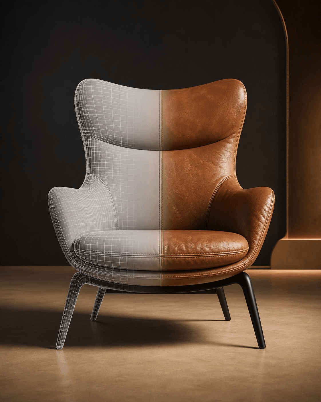 3D modeling for e-commerce showing a wireframe and photorealistic leather lounge chair