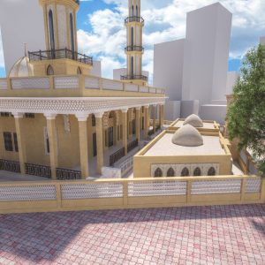 3D architectural visualization of mosque exterior with minarets