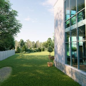 3D exterior render of backyard and garden – modern residential house