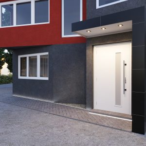 3D exterior rendering of a modern house entrance