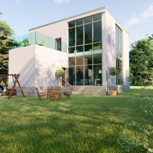 3D exterior visualization of a modern glass-front house with garden