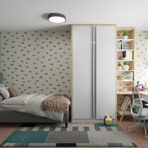 3D visualization of a modern kids room with wardrobe and desk – Intervibe Studio