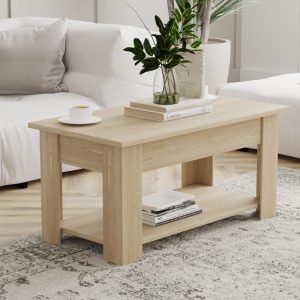 Angled view of wooden coffee table with lift-top storage in modern interior – Intervibe Studio visualization