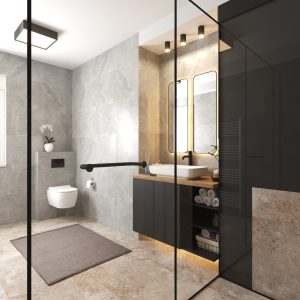 Bathroom vanity with open storage shelves and accessories – Intervibe Studio interior design