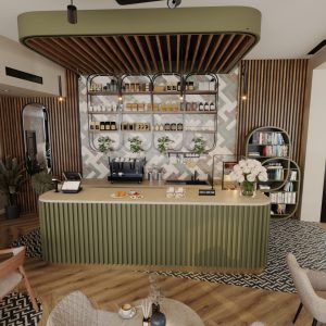 Café bar counter with shelving, coffee machine, and patterned floor