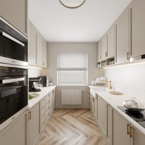 Compact kitchen design with oven column and window view – Intervibe Studio