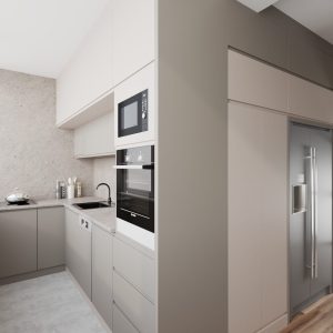 Compact kitchen design with refrigerator and custom cabinetry – Intervibe Studio