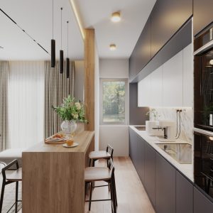 Compact modern kitchen interior with dark cabinetry, marble backsplash and a wooden breakfast bar