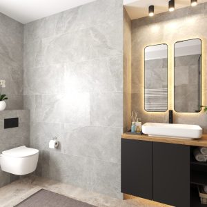 Modern bathroom design with gray tiles, wooden vanity and LED mirrors – Intervibe Studio interior visualization