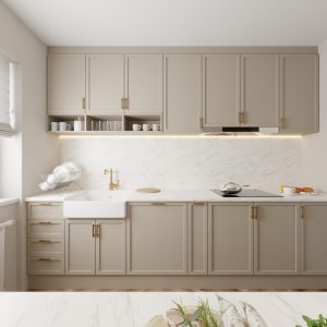 Contemporary kitchen with upper and lower cabinets and LED strip lighting – Intervibe Studio