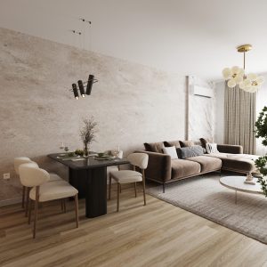 Contemporary living and dining room with a brown sectional sofa, textured wall and modern lighting