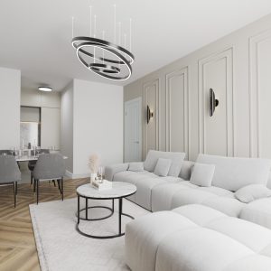 Contemporary living room with accent walls and modern chandelier – Intervibe Studio