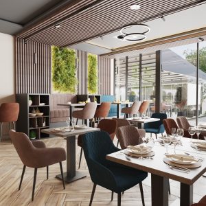 Contemporary restaurant visualization with open view and stylish furniture