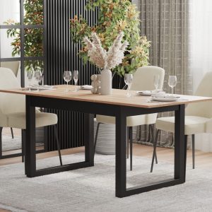 Contemporary wooden dining table with metal base in bright interior – 3D lifestyle render