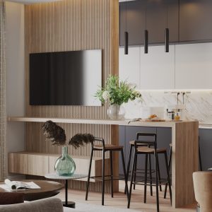 Custom slatted TV wall and modern kitchen cabinetry in an open-plan interior visualization