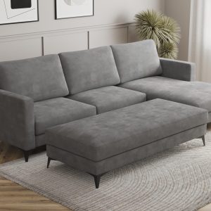 Dark grey sectional sofa with chaise in stylish interior – Intervibe Studio render