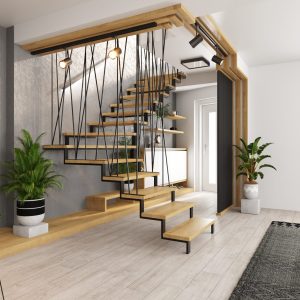Designer staircase with floating wood steps and black railing